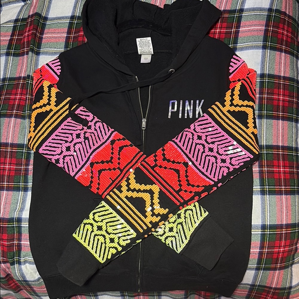 2013 PINK VICTORIAS SECRET LIMITED EDITION  Colorful Sequin BLING Sleeve Hoodie